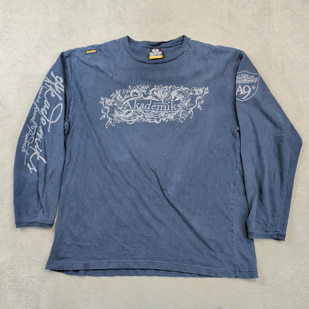Akademiks XL Mens Long Sleeve Graphic T-Shirt Navy Blue Y2K Streetwear A9 Logo